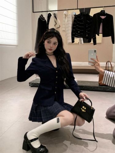 Real shot of temperament, small fragrant gold buckle, navy blue waist slimming jacket, college style suit, women's group JK plaid skirt