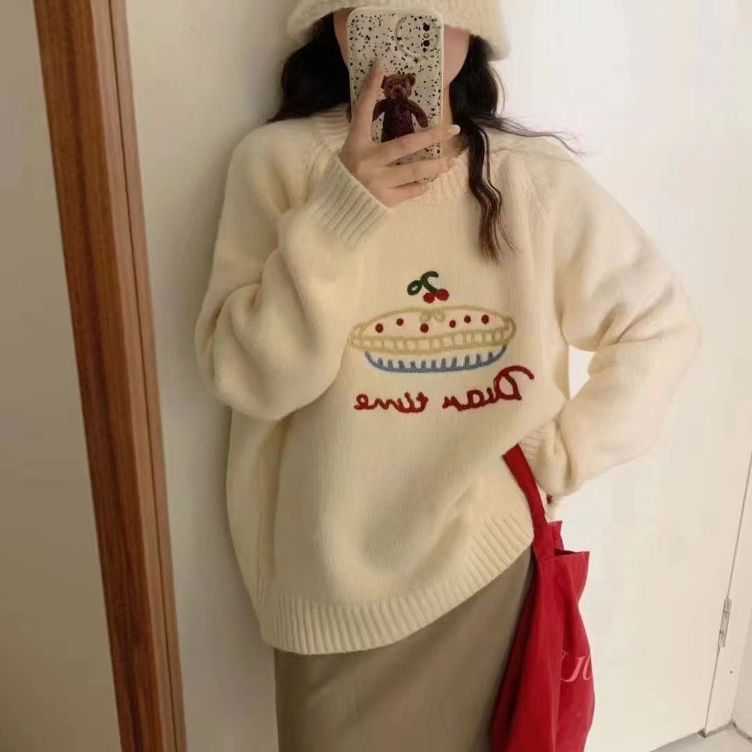 2023秋冬新款韓系圓領減齡水果蛋糕提花毛衣女慵懶厚實軟糯針織衫