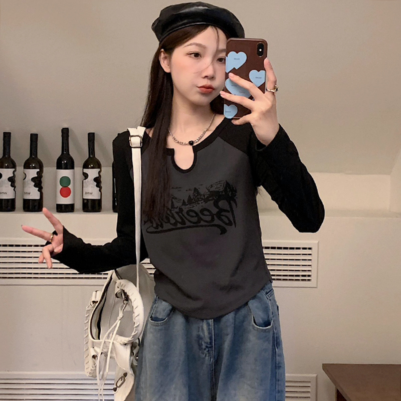 4色 美式復古v領正肩撞色長袖t恤女秋冬季修身顯瘦不規則打底衫