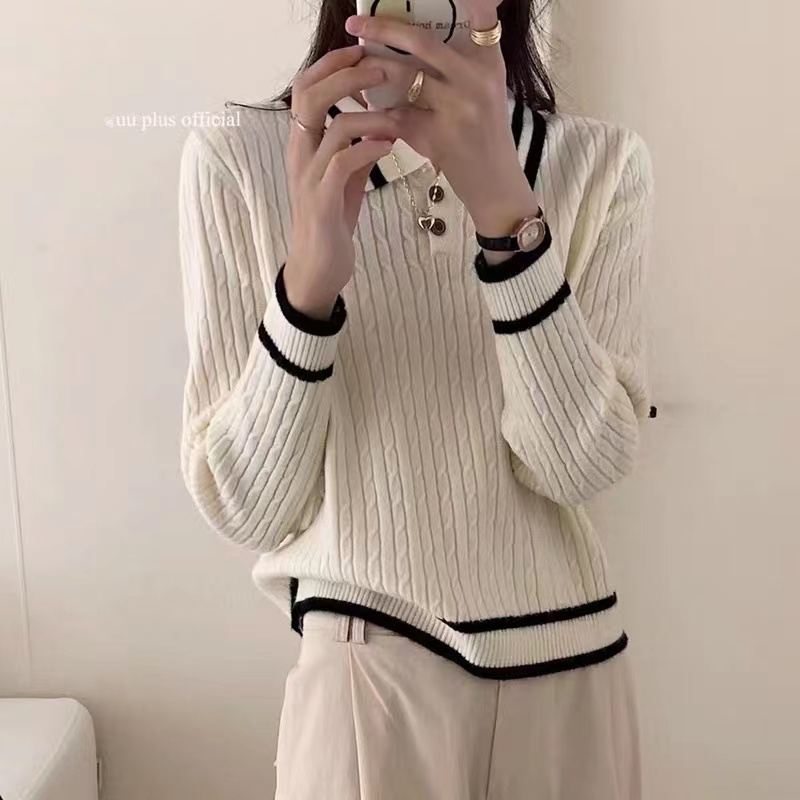 秋冬小麻花翻領毛衣女簡約百搭套頭針織衫韓版長袖顯瘦打底衫上衣