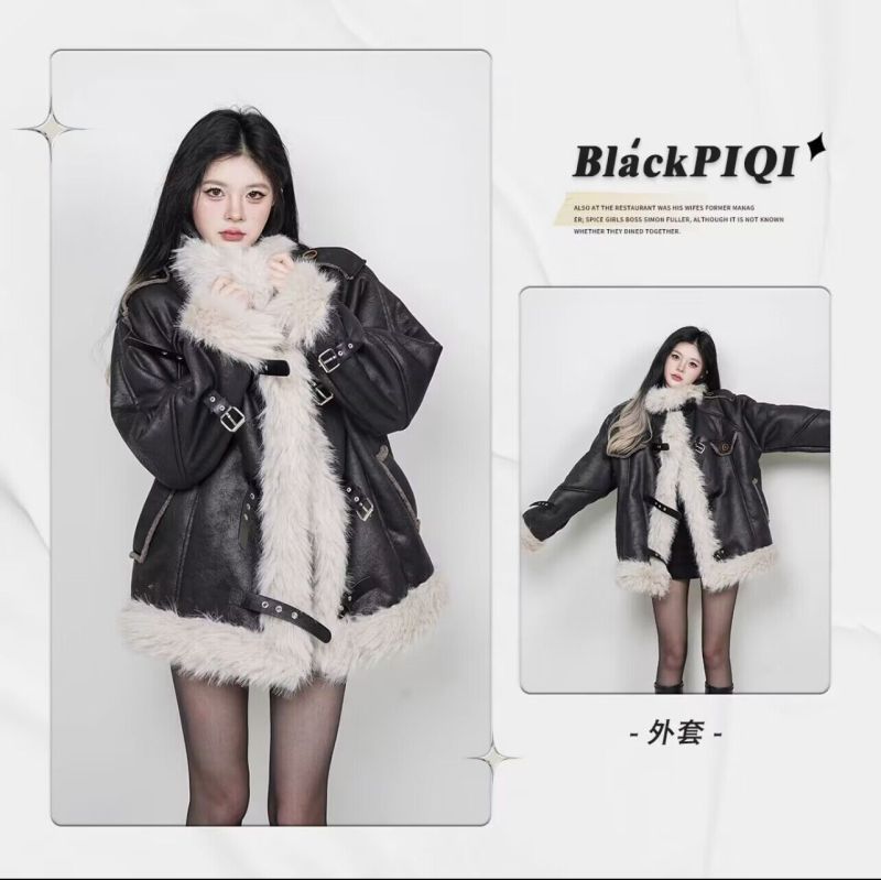 Quiet luxury American retro plus velvet and thickened one-piece plush jacket with leather buckle design jacket