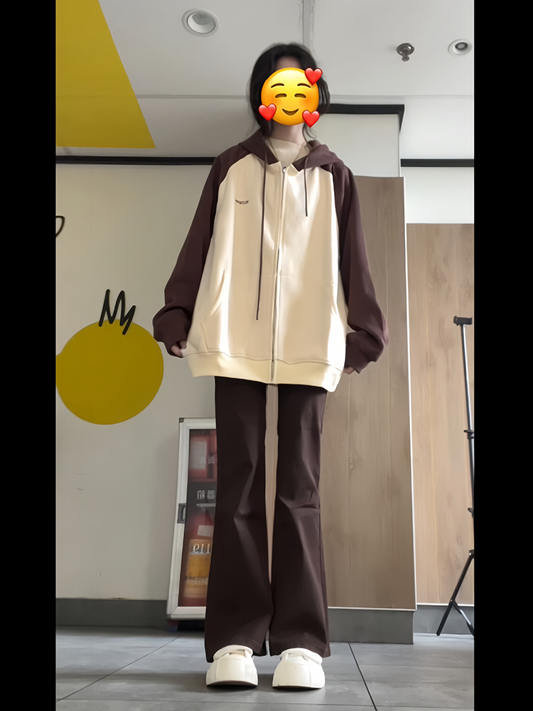 大碼插肩衛衣秋季連帽雙拉鏈新款美式復古外套設計感女裝長袖上衣