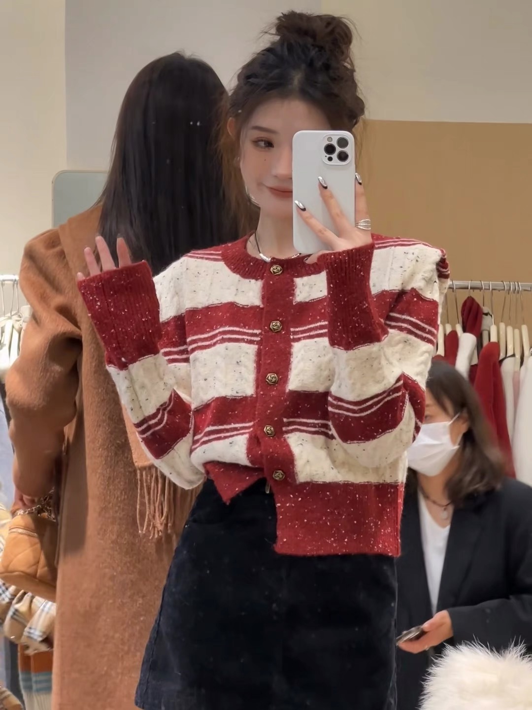 經典條紋針織開衫秋冬新款女圓領雜點慵懶單排扣時尚外搭毛衣上衣