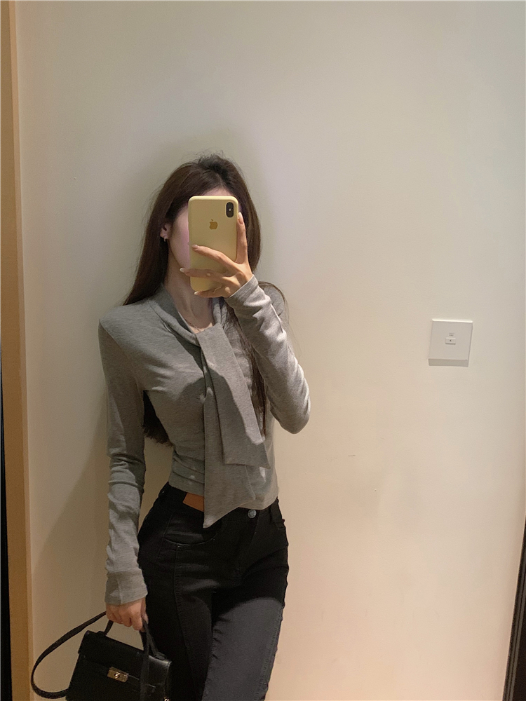 實拍~別致領結設計感磨毛加絨打底衫上衣長袖T恤女