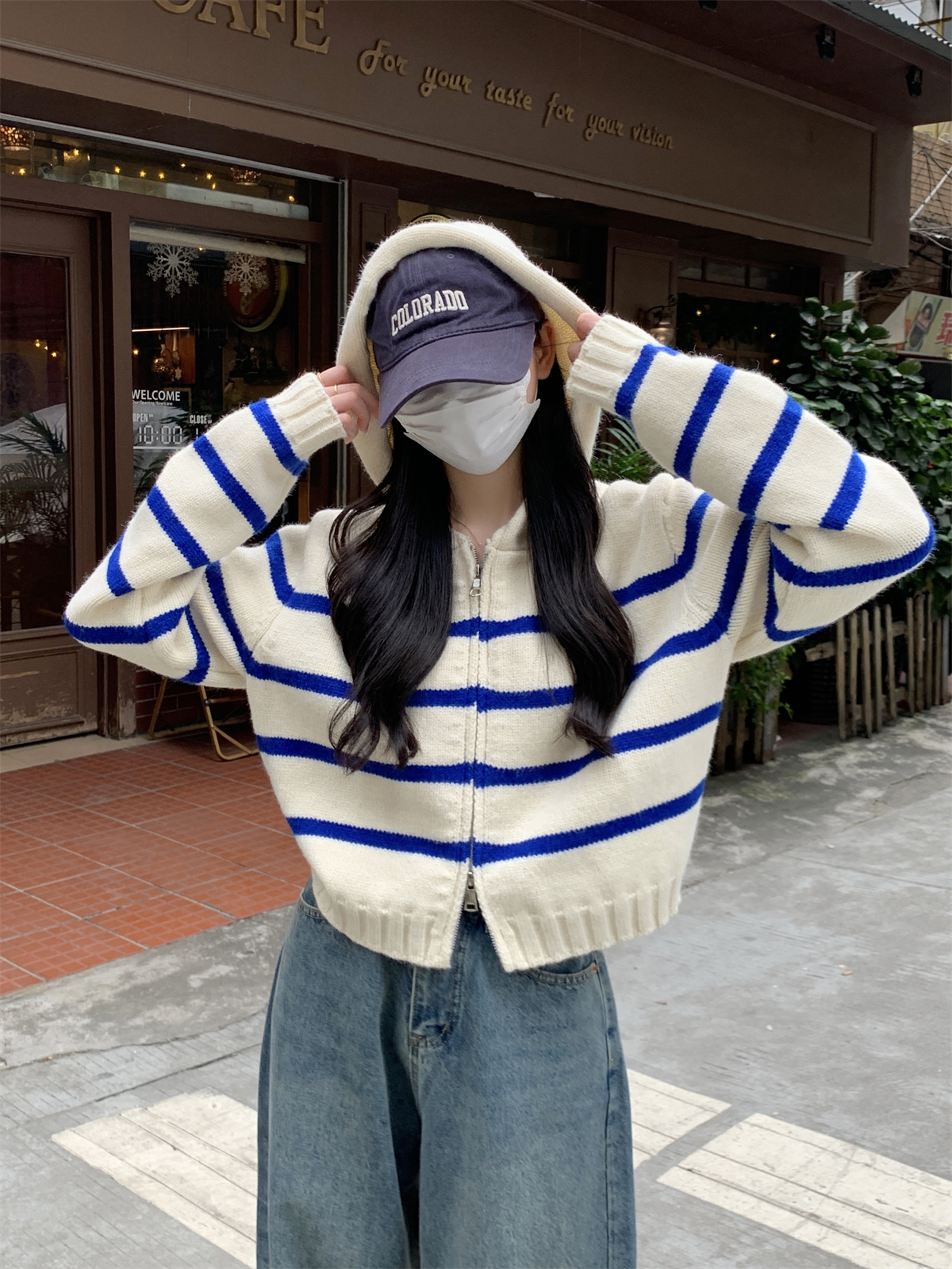 實拍 秋冬韓版寬鬆條紋連帽拉鏈開衫北極絨針織毛衣外套女