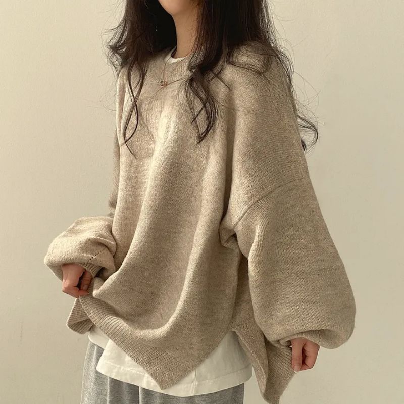 韓國chic秋冬圓領毛衣女寬鬆慵懶保暖套頭中長款開叉加厚針織衫