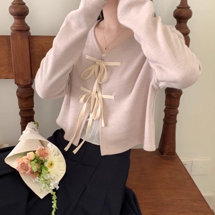 Bow Knitted Cardigan Jacket Women's Autumn 2023 New Design Niche Laced Loose Slim Top