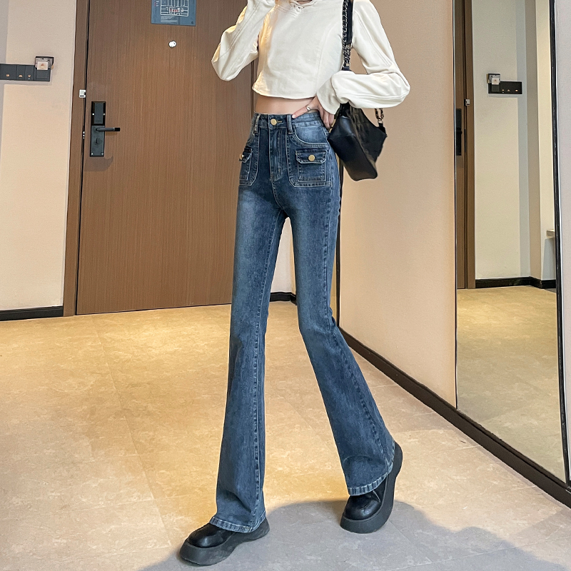 Blue and gray denim boot-cut trousers for women, new style double pockets, high-waisted, slim fit, straight-leg, horse-shoe, floor-length flared trousers