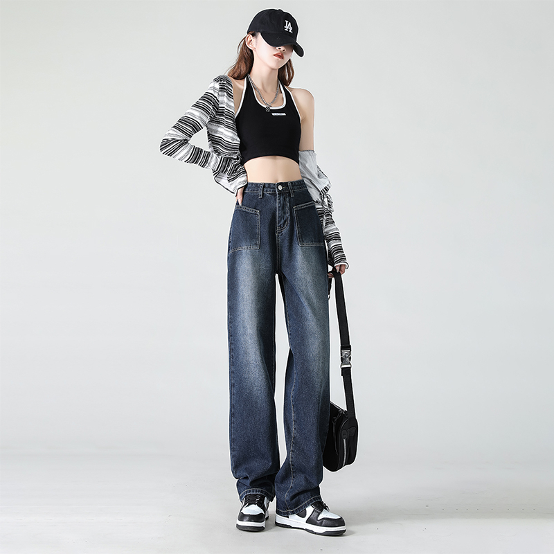 Retro wide-leg pants for women, loose autumn and winter 2023 new high-waist slim American straight jeans