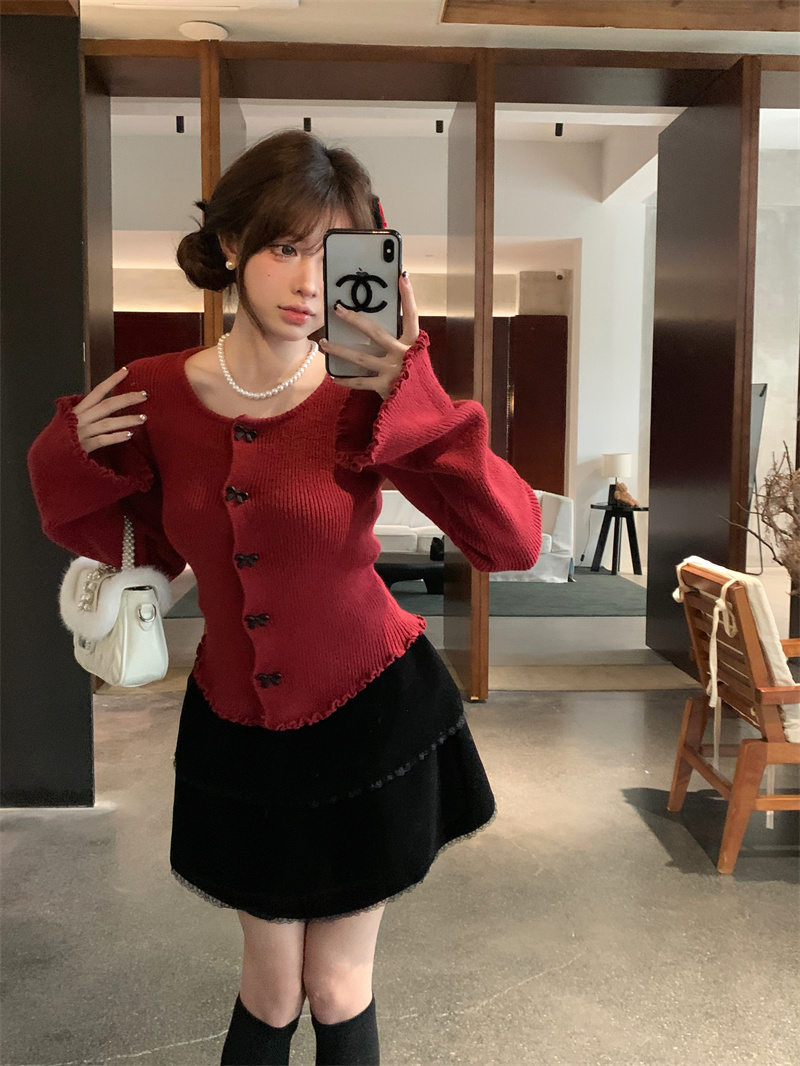 Real shot bow button cardigan sweater autumn and winter new style waist slimming long-sleeved top