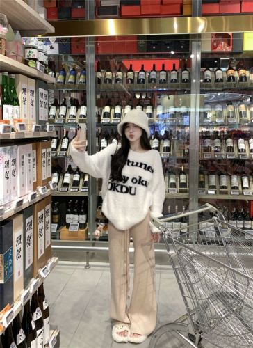 Actual shot ~ Round neck mohair white long-sleeved top for women 2023 new autumn and winter lazy style soft and waxy sweater