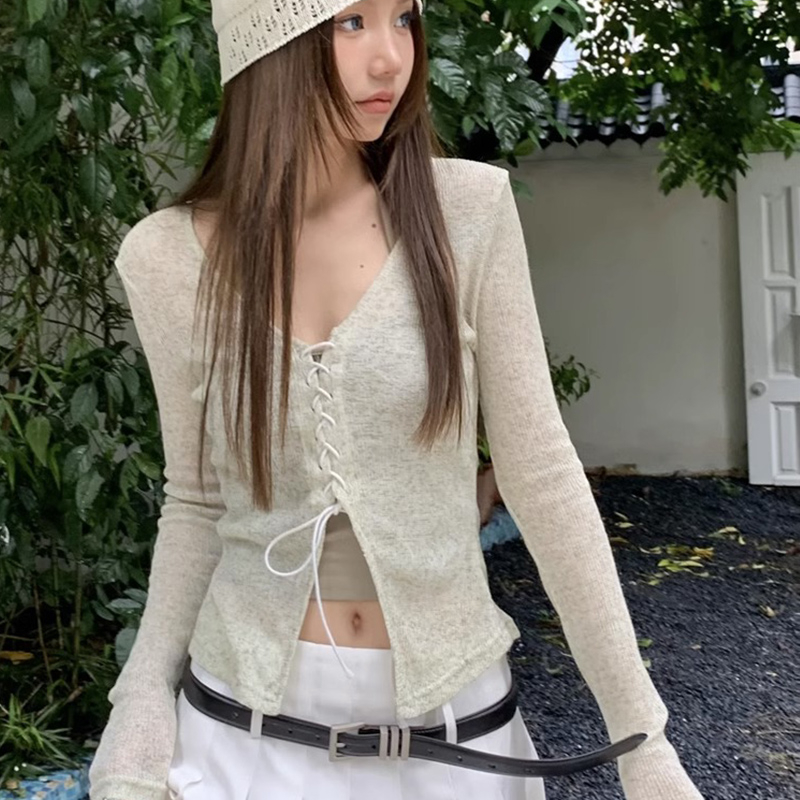 Official photo of hot girl long-sleeved green sweater women's autumn new slim-fit drawstring strap top