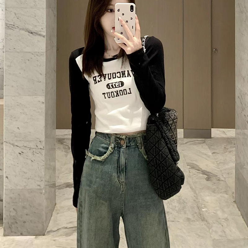 正肩長袖t恤女春秋內搭打底衫設計感小眾顯瘦高腰短款小個子上衣
