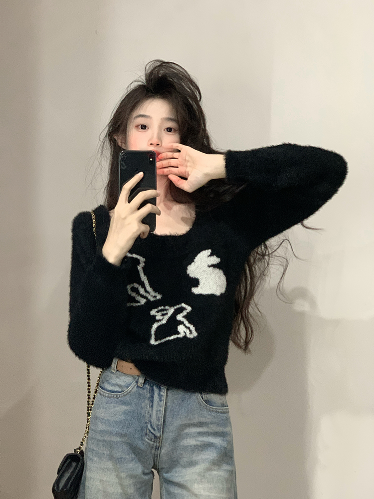 原創~實拍~甜酷風辣妹短款提花仿水貂毛針織衫毛衣