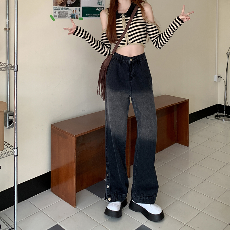 實拍~復古漸變牛仔褲女寬鬆垂感拖地直筒褲街頭潮流百搭長褲