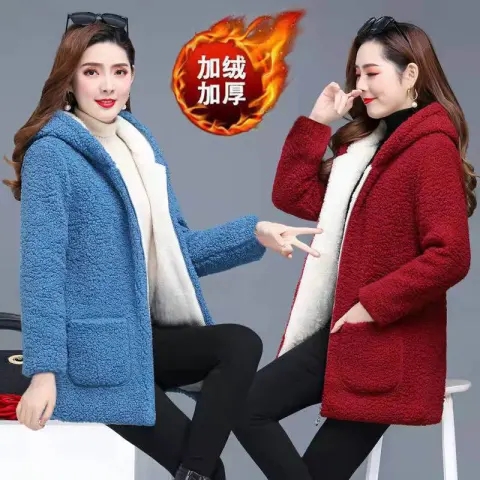 年新款羊剪絨棉衣媽媽裝中長款加絨加厚仿羊羔絨顆粒絨外套女