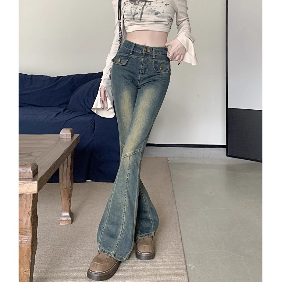 復古辣妹風微喇叭牛仔褲女秋冬新款設計感高腰彈力修身顯瘦馬蹄褲
