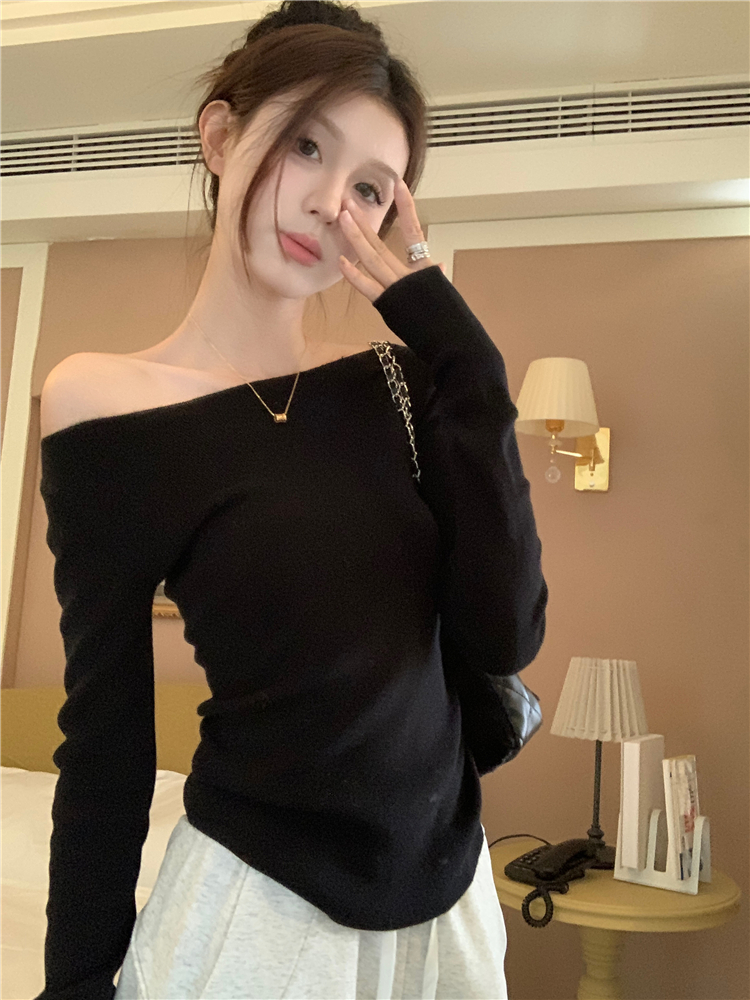 實拍~辣妹一字肩內搭打底衫女秋冬新款修身顯瘦上衣長袖毛衣
