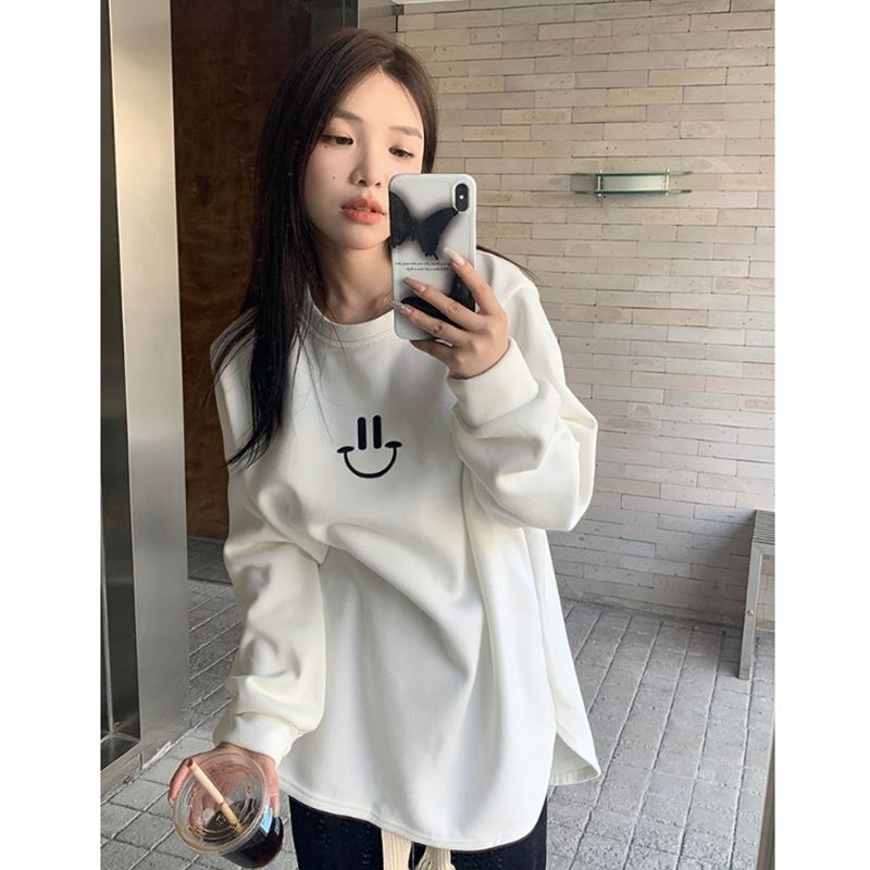 笑臉白色打底衫女秋冬季加絨加厚寬鬆慵懶風內搭長袖t恤上衣潮ins