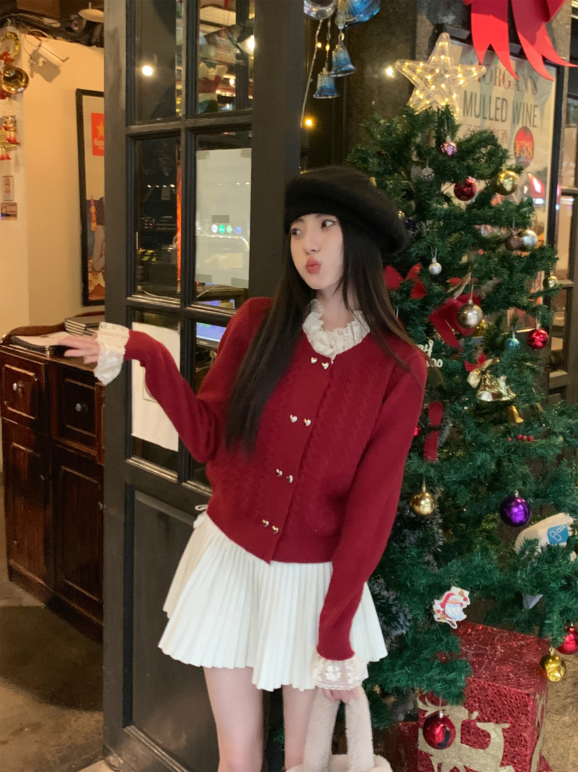 Actual shot~Korean style loose slimming lace splicing Christmas and New Year sweater + skirt