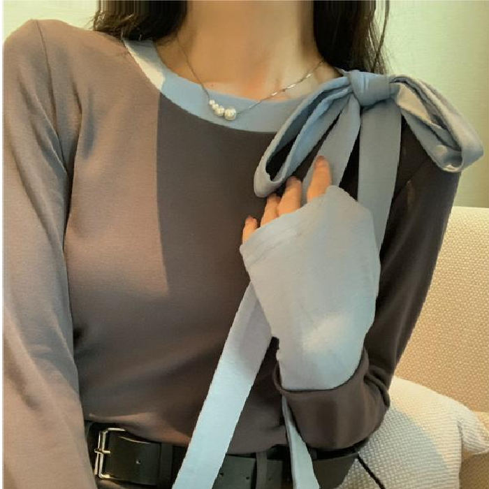 隨心裁抓毛260克  秋冬法式假兩件撞色綁帶蝴蝶結冬氣質內搭上衣