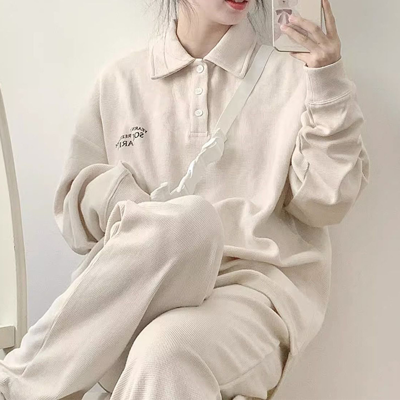 少年感運動服套裝女春秋鹽系炸街華夫格Polo領薄款衛衣休閒兩件套