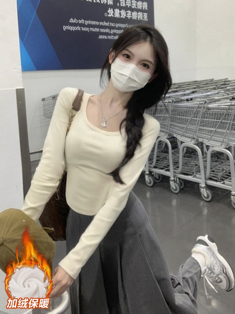 加絨加厚白色方領打底衫女內搭顯瘦德絨t恤女長袖超顯身材的上衣