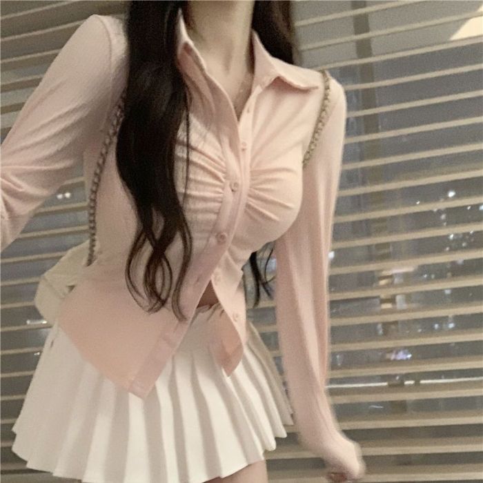 純欲辣妹風褶皺長袖T恤女裝秋季2023新款修身顯瘦Polo領開衫上衣
