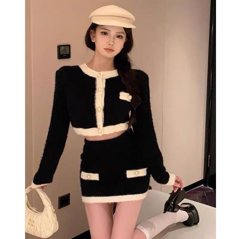法式小香風套裝純欲辣妹針織毛衣包臀半身裙兩件套女秋季