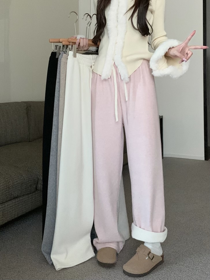 實拍  好質量！冬季加厚加嬰兒絨寬鬆高腰顯瘦拖地毛巾闊腿褲