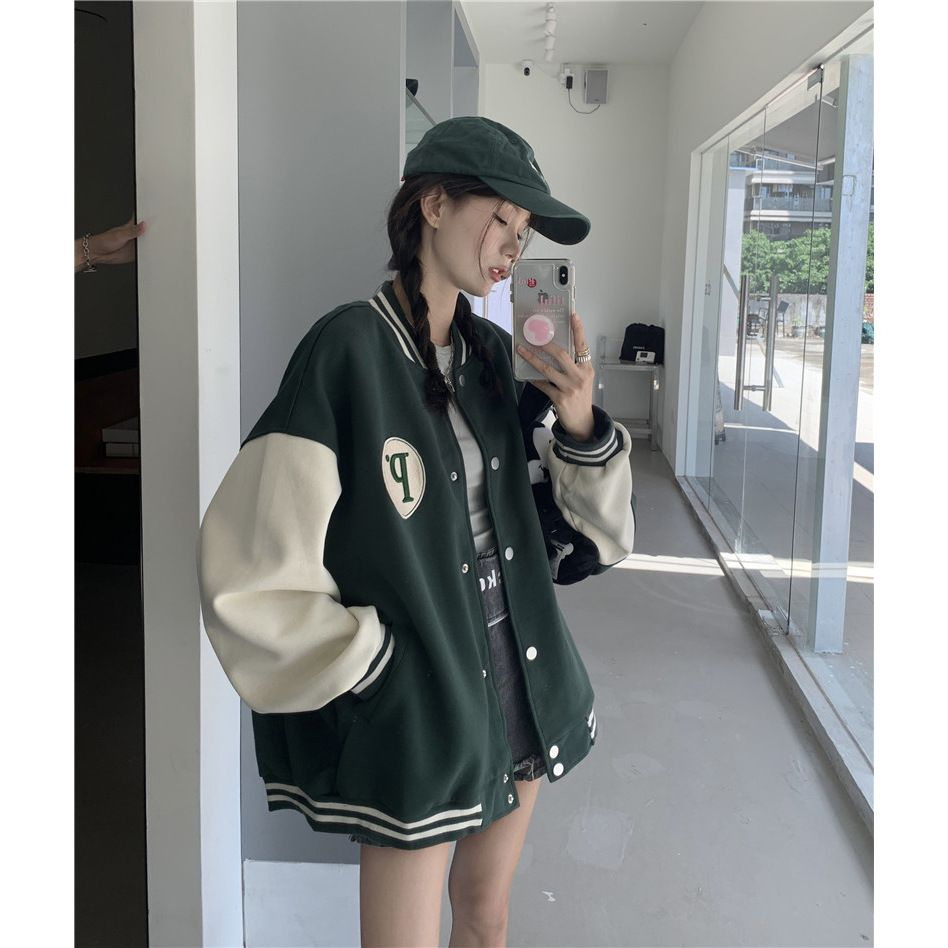 American retro bf contrast color long-sleeved jacket sweatshirt women's spring and autumn Hong Kong style large size loose student baseball uniform jacket