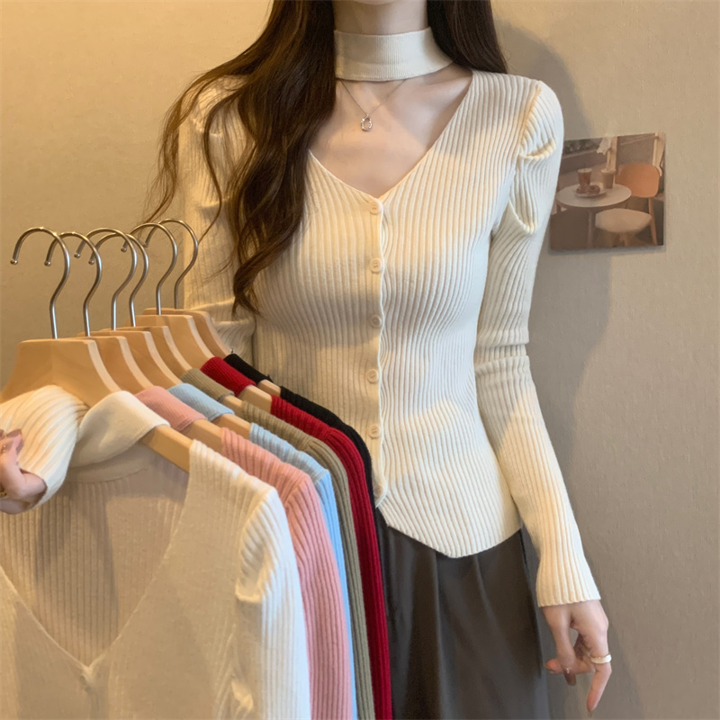 Actual shot of pure desire design, halter neck, hollow puff sleeves knitted top for women