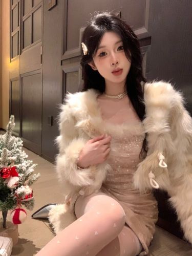 Real shot~Autumn and winter champagne rose sequined velvet hip skirt, second-hand imitation mink fur fur suit