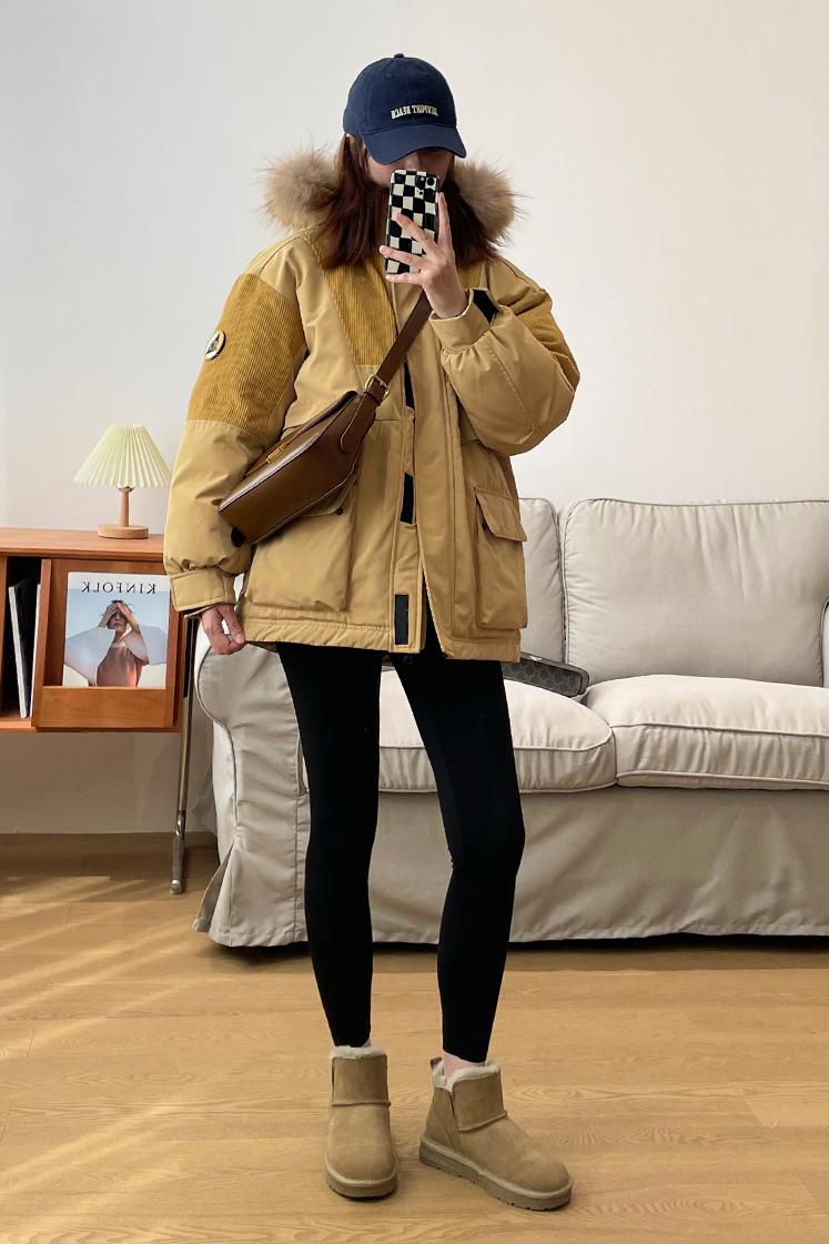 情侶工裝羽絨棉服女2023年新款中長款真毛領加厚派克服冬季外套