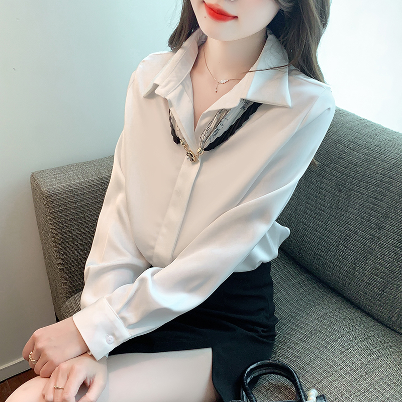已出貨2024春季新款白色襯衫LO職業裝醋酸緞面高檔上衣女裝