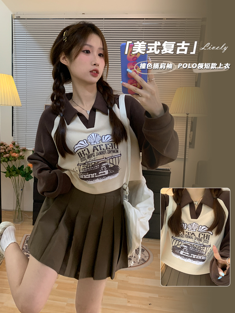 官方圖大魚鱗美式復古POLO領2023年秋季新款長袖短款上衣