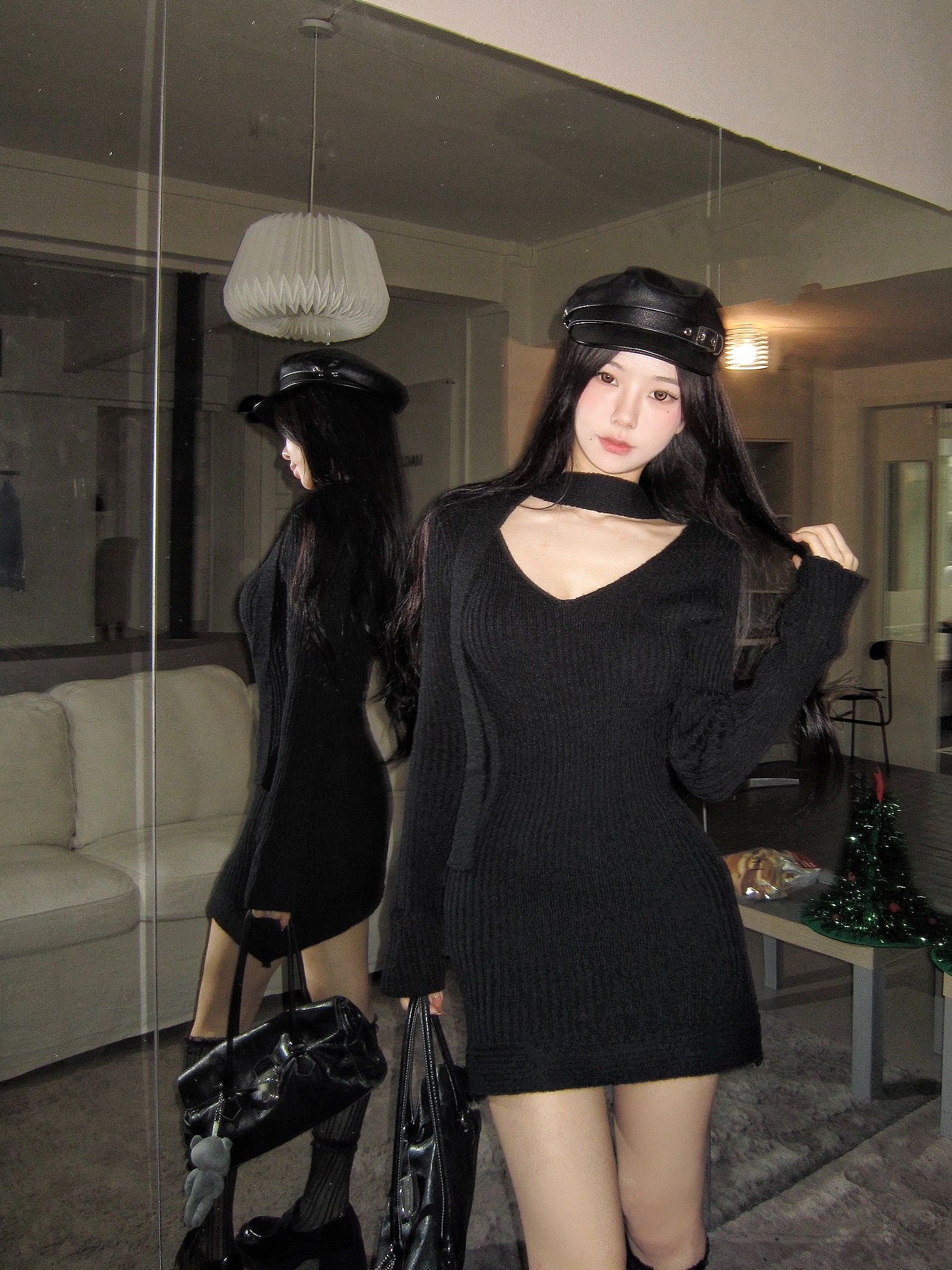 實拍~溫柔甜辣系帶針織連衣裙女秋冬高冷御姐風顯瘦包臀短裙