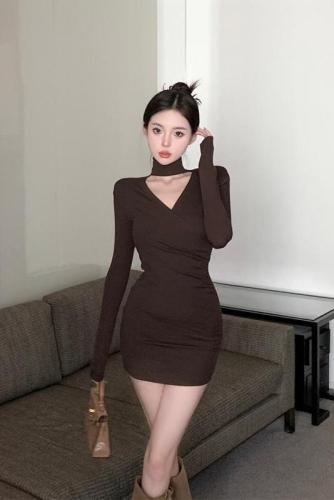 Real shot~Pure Sexy Sexy Hollow Halter Long Sleeve Dress Female Autumn and Winter Hot Girl Waist Tight Covering Hip Skirt