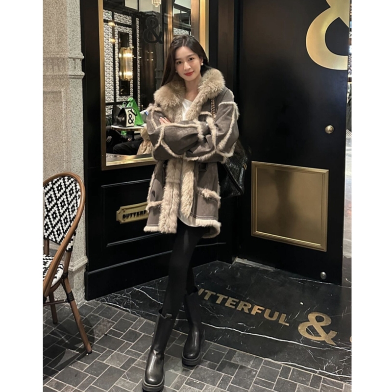 luxstudio Jiaxin autumn and winter thick coat splicing versatile coat fashion casual loose plus velvet thickening winter