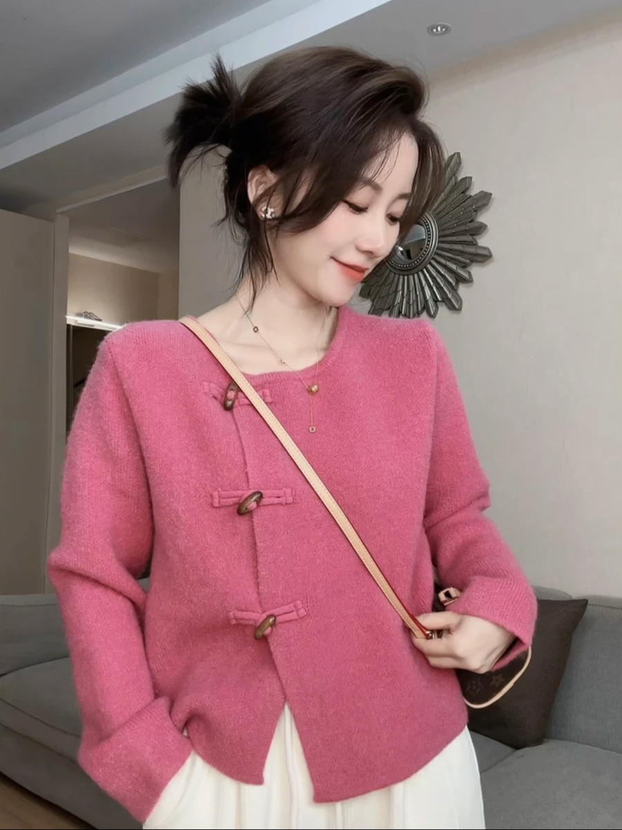 新中式國風盤扣毛衣女2023秋季時尚洋氣設計感紅色長袖開衫外套