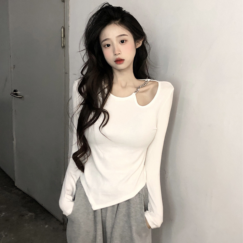 不規則黑色長袖短款t恤女上衣秋冬2023新款顯瘦內搭打底衫設計感
