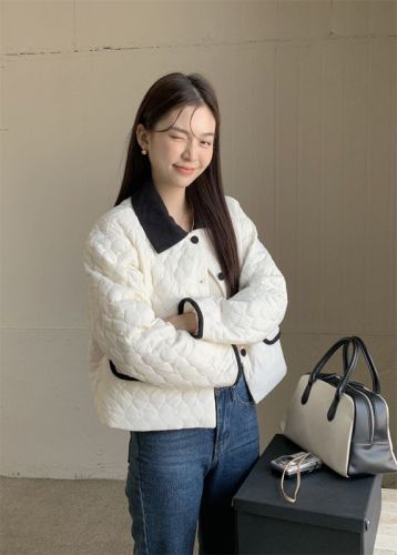Actual shot ~ Retro literary style contrasting color corduroy age-reducing Korean generation embroidered cotton clothing versatile short jacket