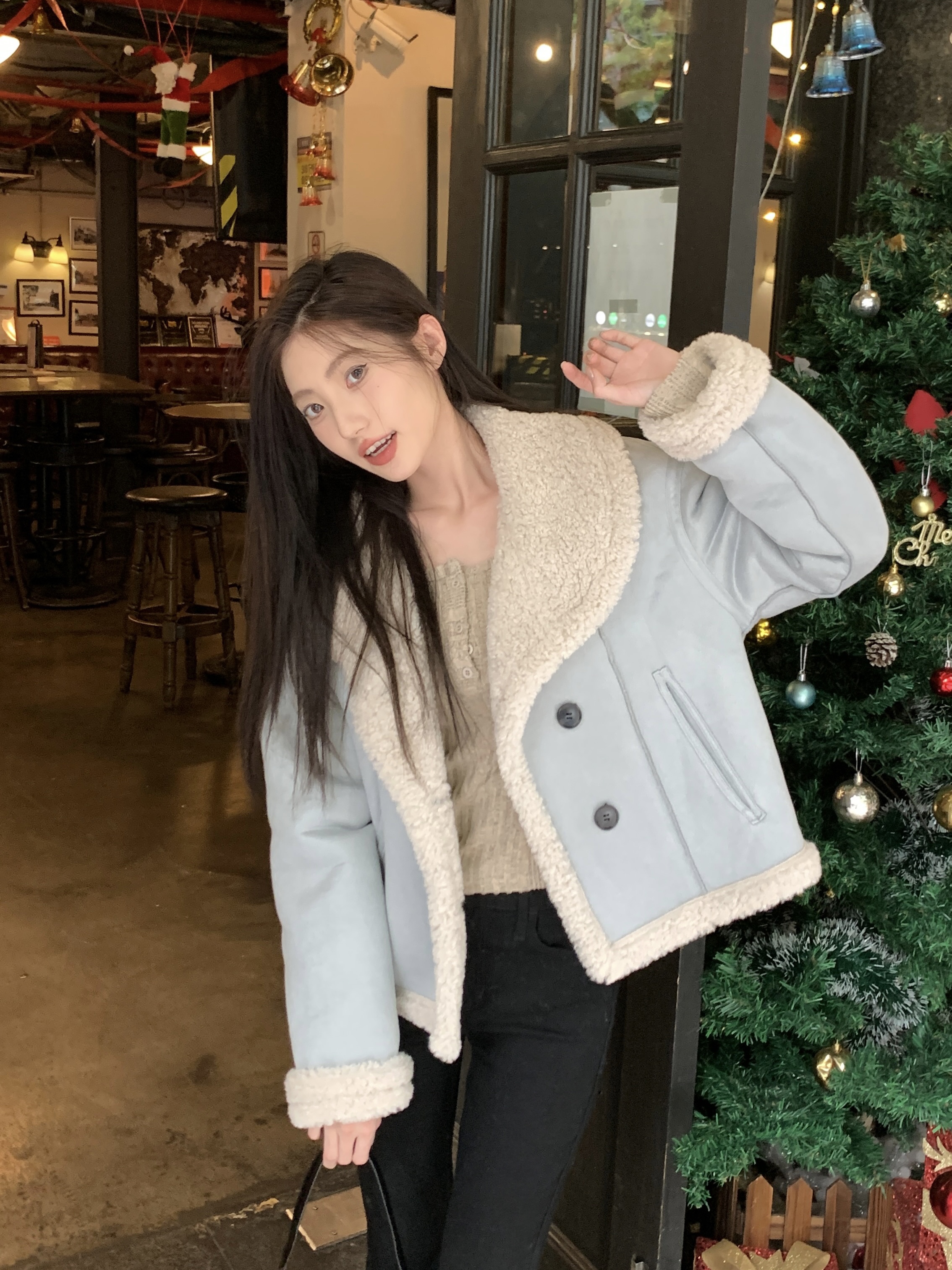 Actual shot~Korean style loose short lamb wool all-in-one reversible cotton jacket