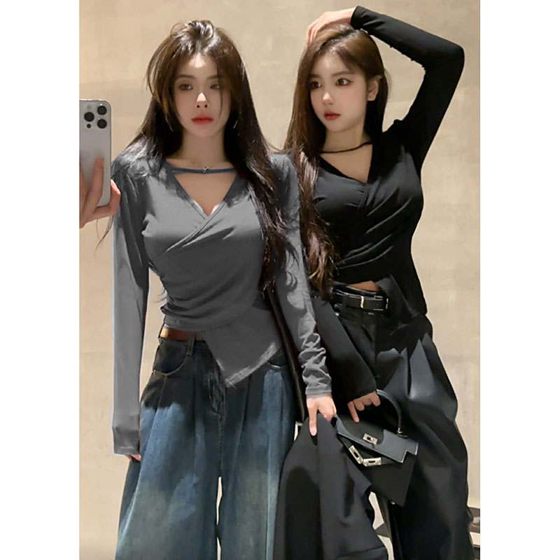40 Count Modal 260g Rayon Autumn Irregular Cross V Neck Long Sleeve T-Shirt Hot Girls All-Match Tops