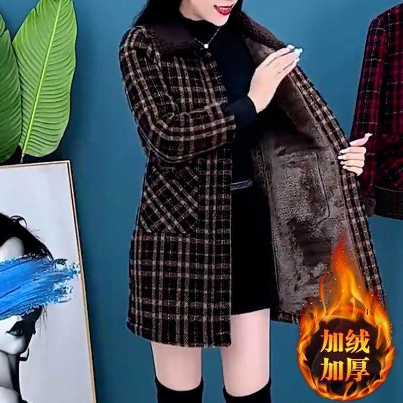 秋冬洋氣時尚新款加絨加厚中長款外套女裝氣質高檔顯瘦大氣媽媽裝