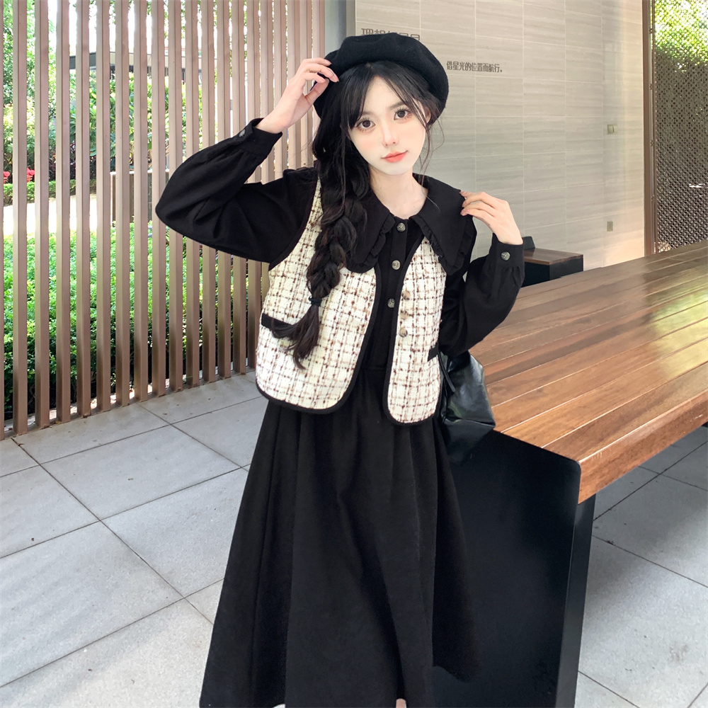 Original fabric + method two-piece dress fashion suit small fragrant style doll collar shirt dress