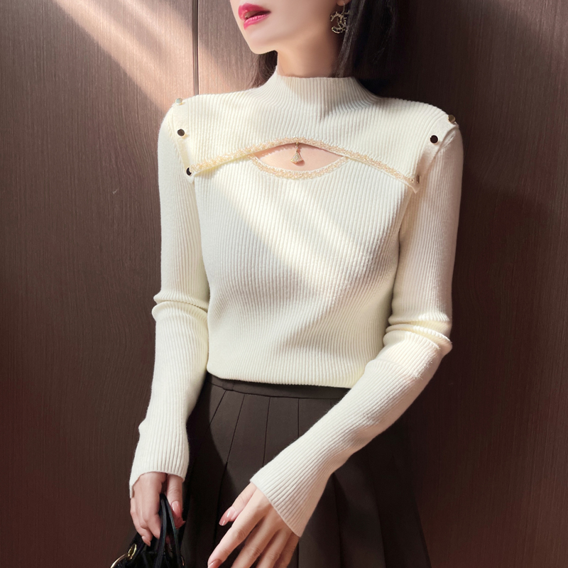 重工加厚釘鑽縷空針織衫女秋冬2023新款氣質小性感內搭毛衣打底衫