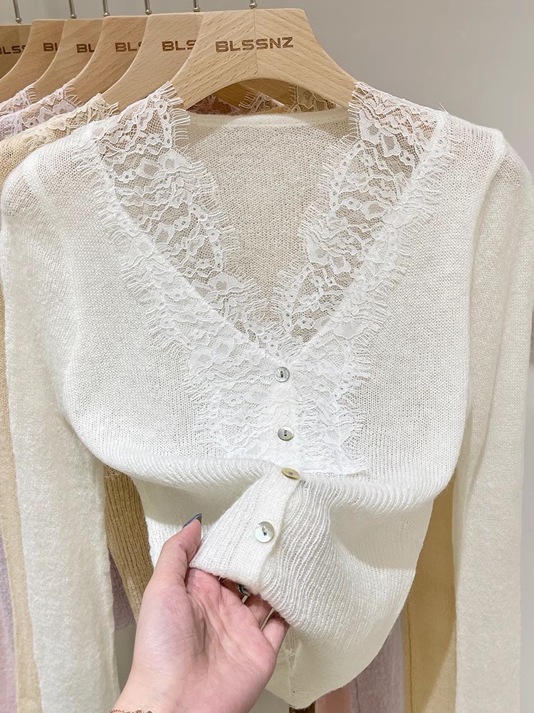 Lace long-sleeved knitted cardigan sweater jacket for women autumn design niche inner layering shirt short v-neck top