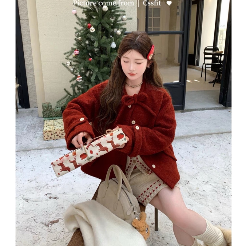 Chi Umbrella 23/fw Jinglebell Mulled Wine Red Lace Bow Circle Wool Short Coat
