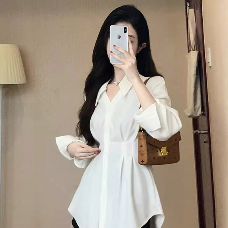 落肩袖收腰襯衫外穿女2024春秋氣質疊穿休閒襯衣高級感上衣
